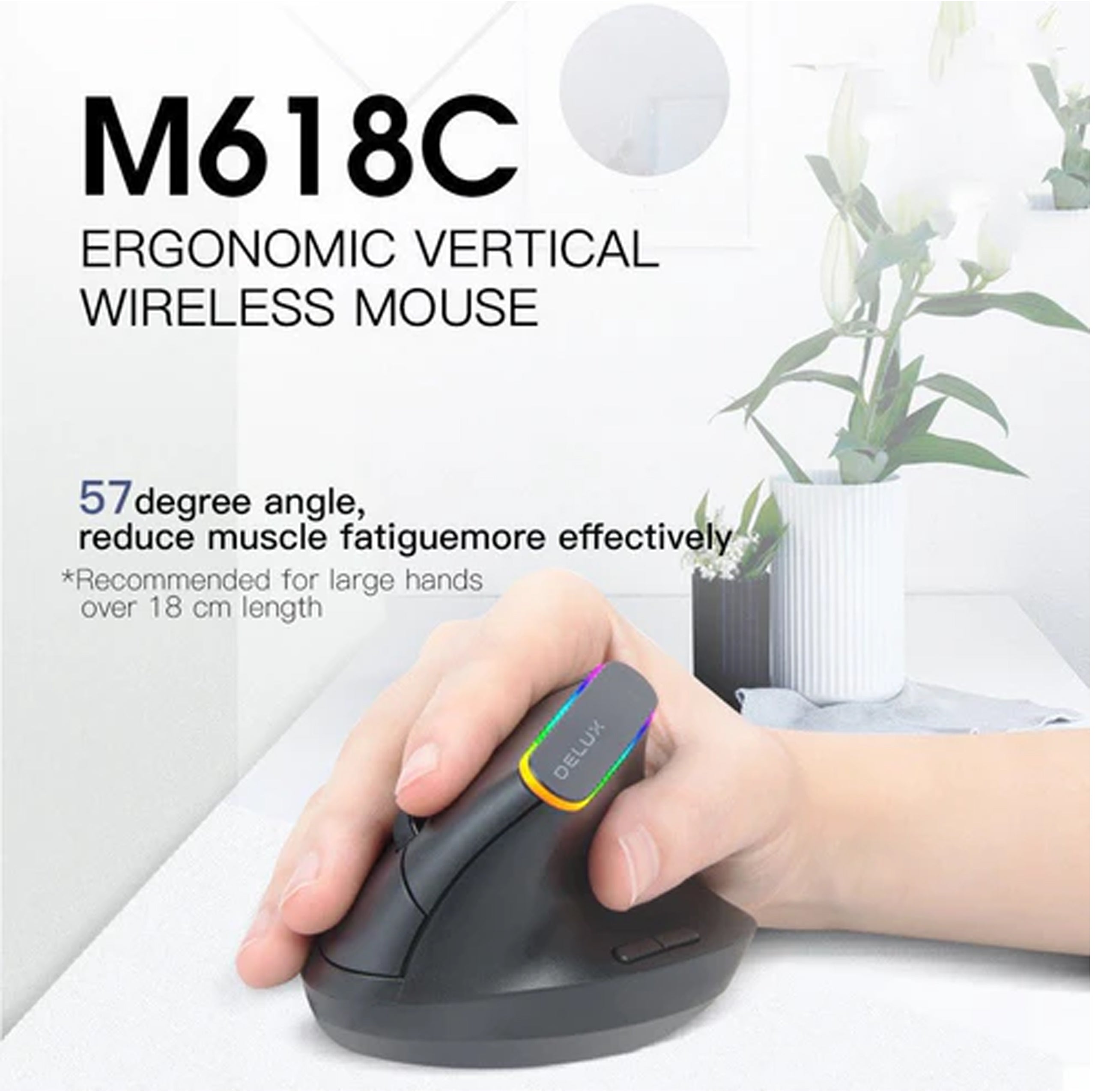 M618C RGB Vertical Wireless Mouse – Ergonomic Hand-Held Design for Pain-Free Control